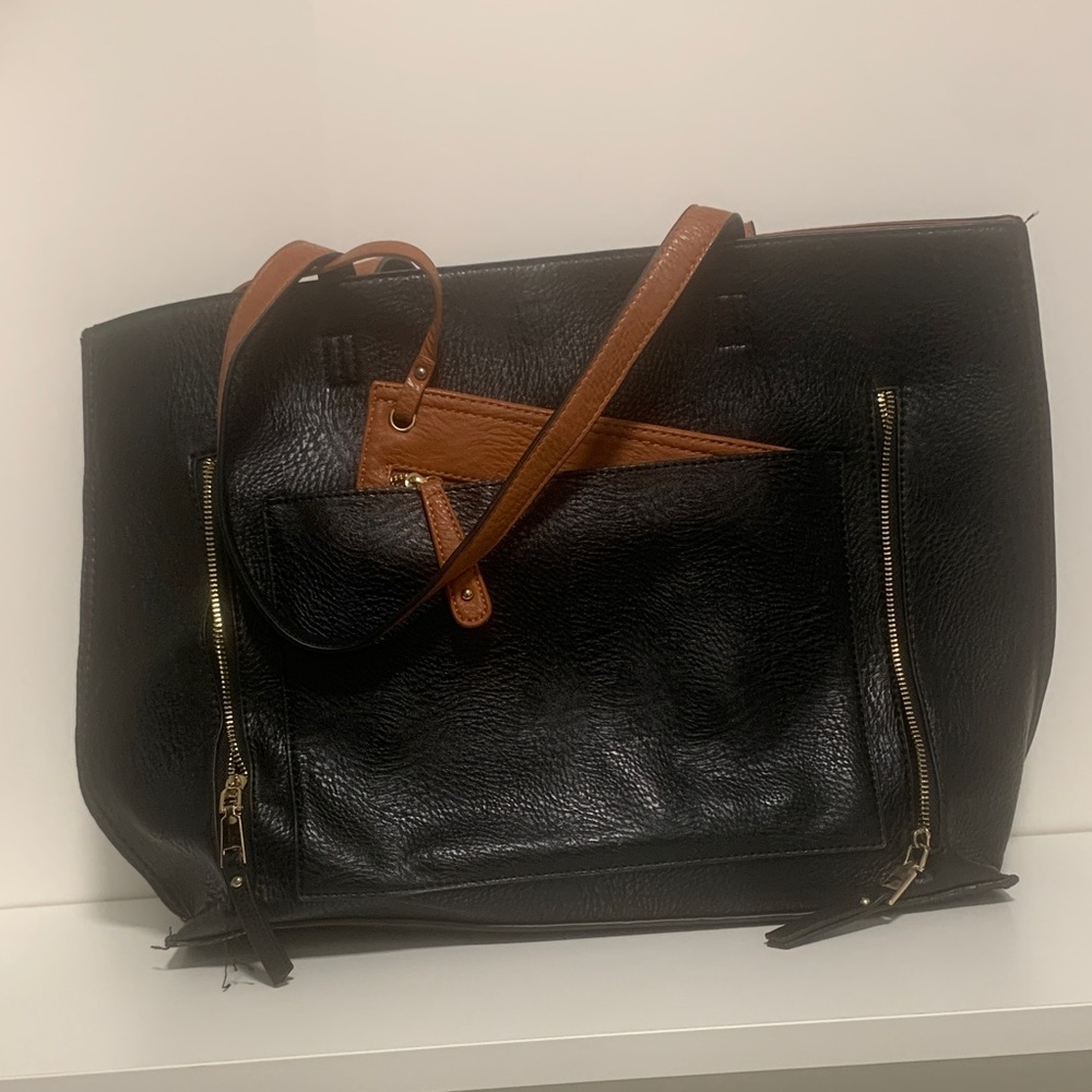 Black and Tan Vegan Leather Tote Bag